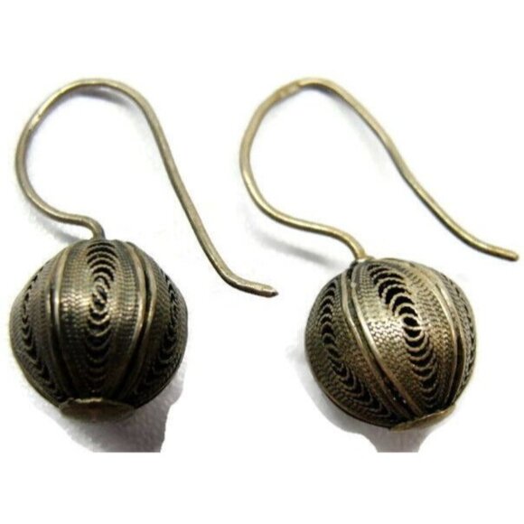 Earrings Hook Dangle Sterling Silver Filigree Ball 925 Vintage Patina - Picture 1 of 8